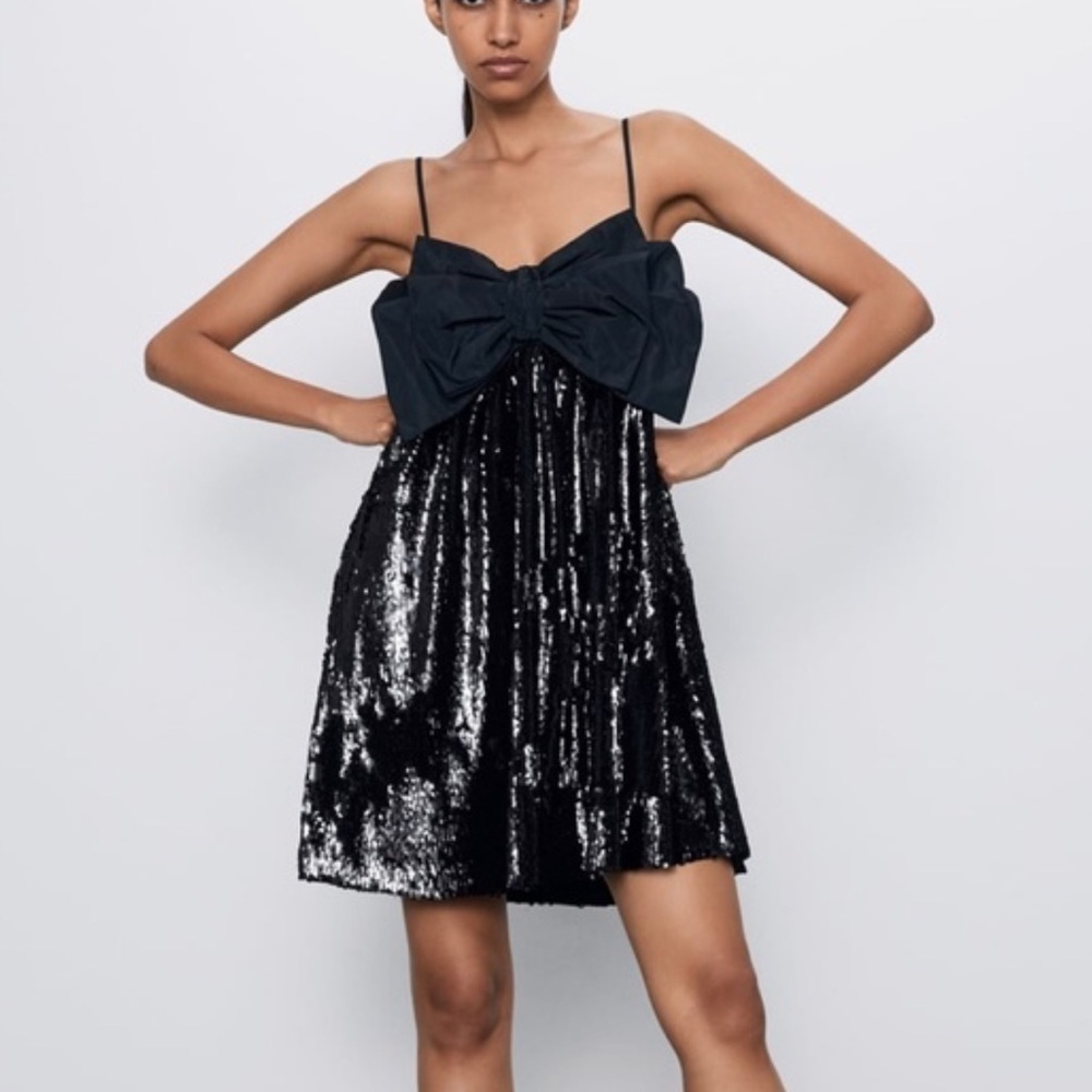 Zara Black Bow Sequin Dress Size M